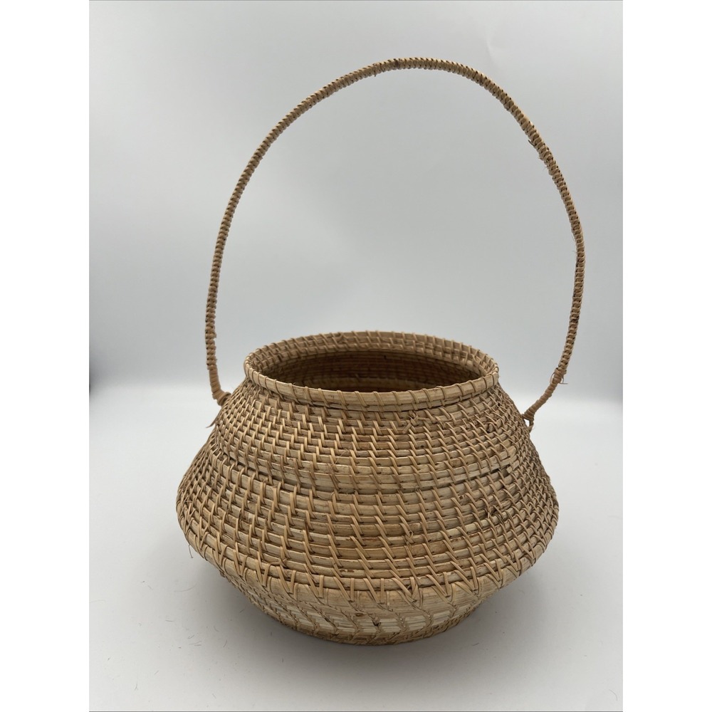 Nantucket Style Basket  Wood Handle Sweetgrass Two Tone Wicker Approx 10.5" X 8